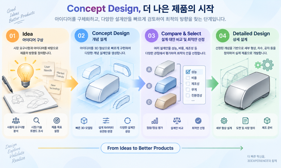 Concept Design 4단계 흐름 - 아이디어 구상, 개념 설계, 대안 비교, 상세 설계